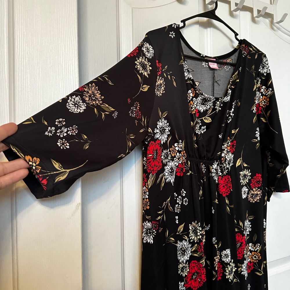 Floral Black Dress with Red and White Accents